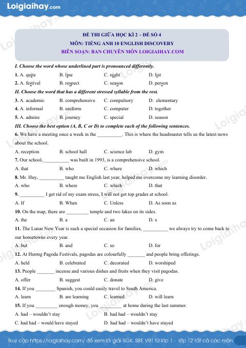 Đề thi giữa kì 2 Tiếng Anh 10 English Discovery - Đề số 4